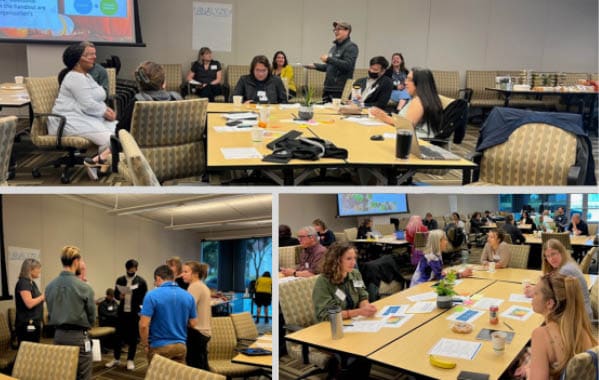 A collage of three photos showing small groups of about 3-6 people talking, working, and interacting in a meeting space at CORE’s 2023 Data Summit
