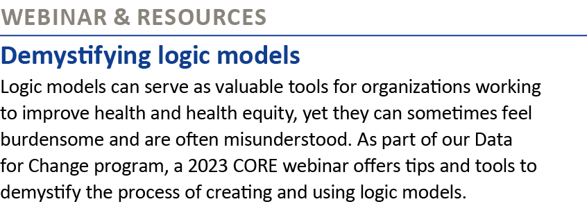 Webinar & Resources Demystifying logic models Logic models can serve as valuable tools for organizations working to i...
