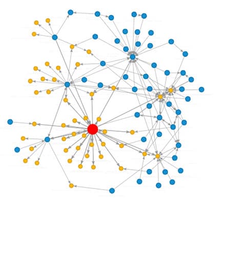 An example of a network map, which uses colored dots and lines to show relationships between different kinds of organizations in a network