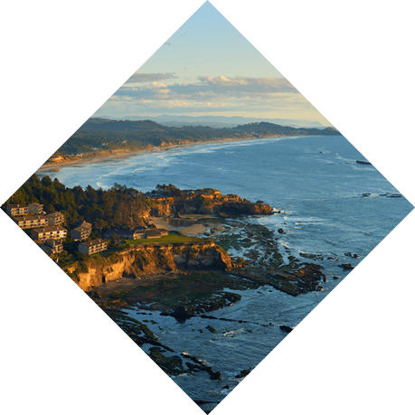 Panoramic view of the Oregon coastline at sunset near Lincoln City.