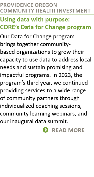 Providence Oregon Community Health Investment Using data with purpose: CORE’s Data for Change program Our Data for Ch...