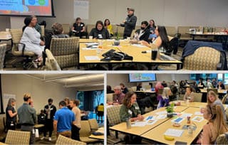 A collage of three photos showing small groups of about 3-6 people talking, working, and interacting in a meeting space at CORE’s 2023 Data Summit