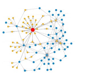 An example of a network map, which uses colored dots and lines to show relationships between different kinds of organizations in a network